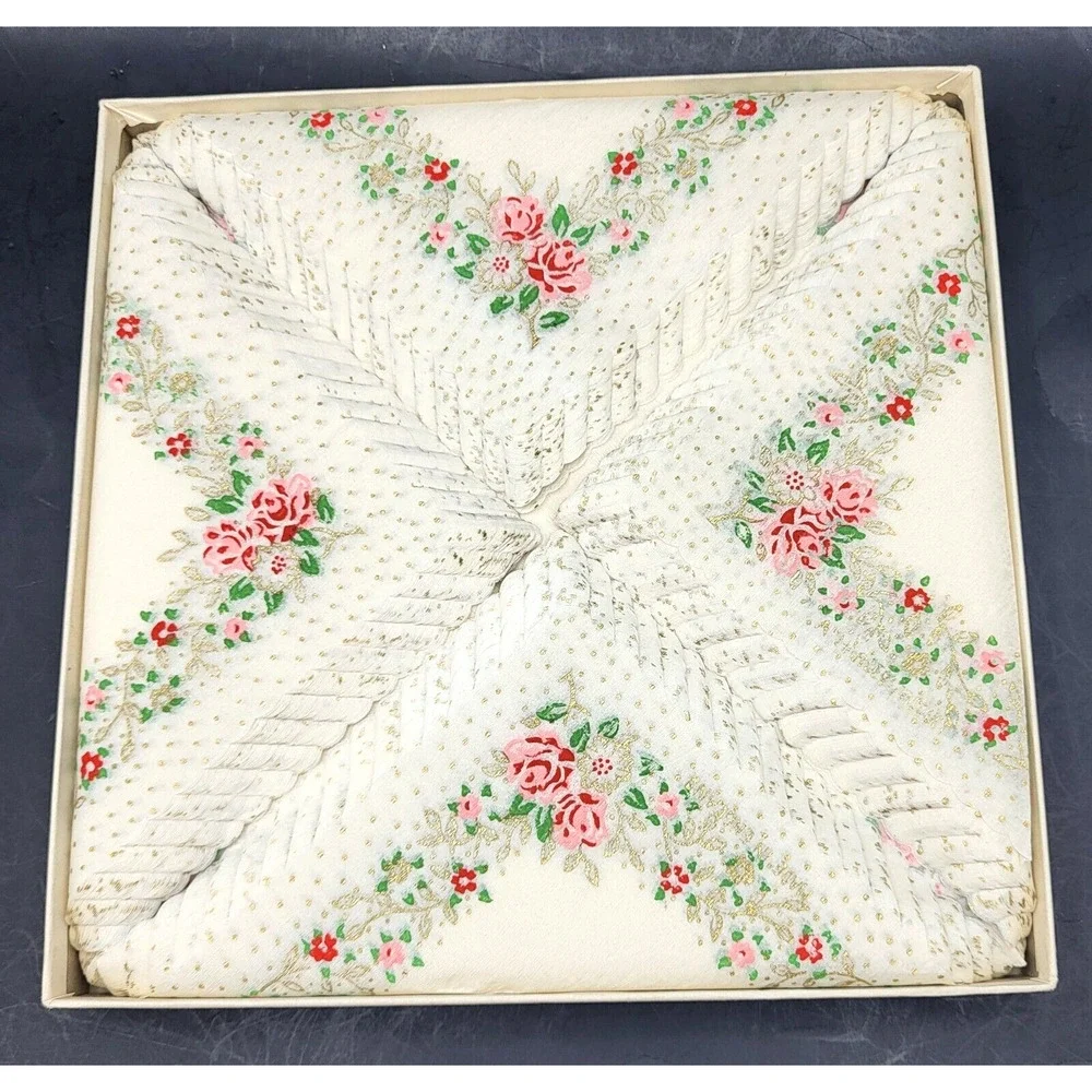 Circa 1950 Elegant Floral Paper Napkins White with Pink Roses 40 Count 13x13